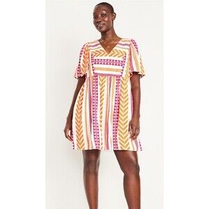OLD NAVY PINK JAQUARD V NECK MINI SWING DRESS MED TALL BOHO EMPIRE WAIST CUTE